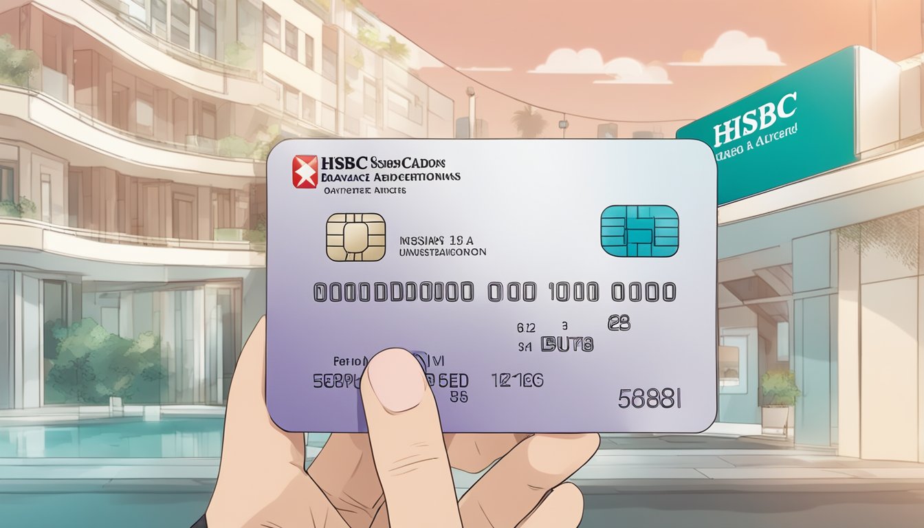 A hand holding an HSBC Advance credit card with terms and conditions displayed on a Singaporean background