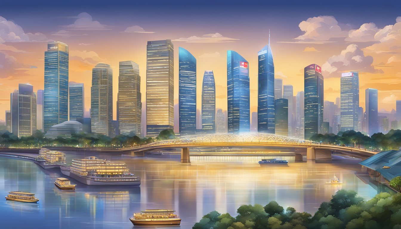 The HSBC Advance credit card shines with golden rewards and benefits, surrounded by Singapore's iconic skyline and vibrant cityscape