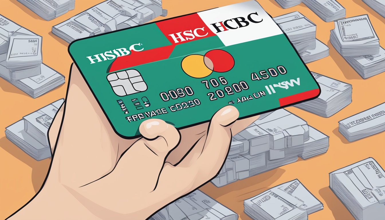 A hand holding an HSBC Advance credit card with Singapore terms and conditions displayed