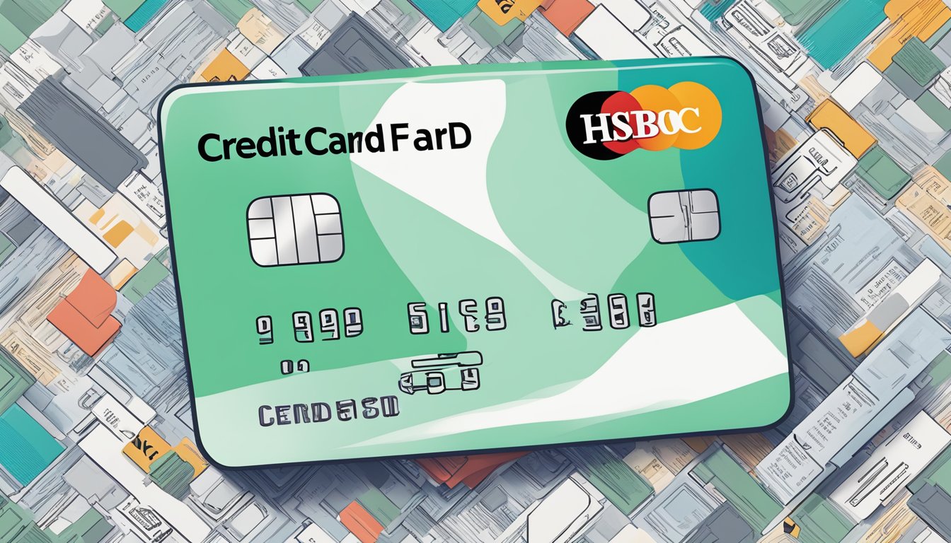 A credit card surrounded by terms and conditions text, with the HSBC logo prominently displayed