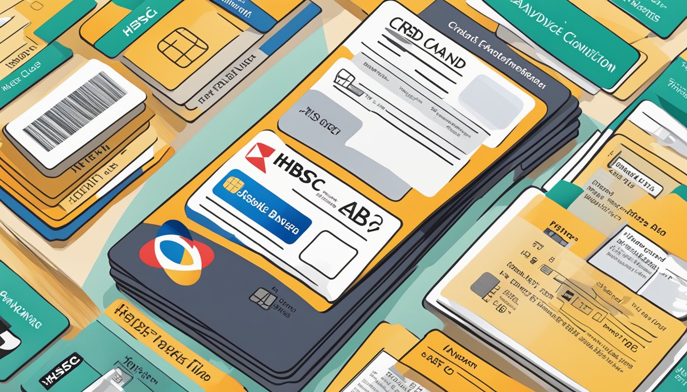 A stack of credit card terms and conditions with the HSBC Advance logo, surrounded by frequently asked questions in Singapore