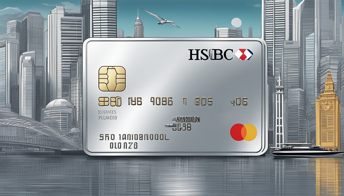 A luxurious platinum credit card surrounded by exclusive benefits and the HSBC logo, set against the backdrop of iconic Singapore landmarks