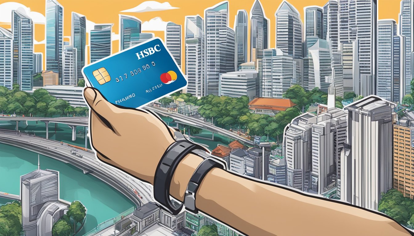 A person swiping an HSBC Advance Platinum Credit Card at various payment terminals in Singapore, with a backdrop of iconic city landmarks