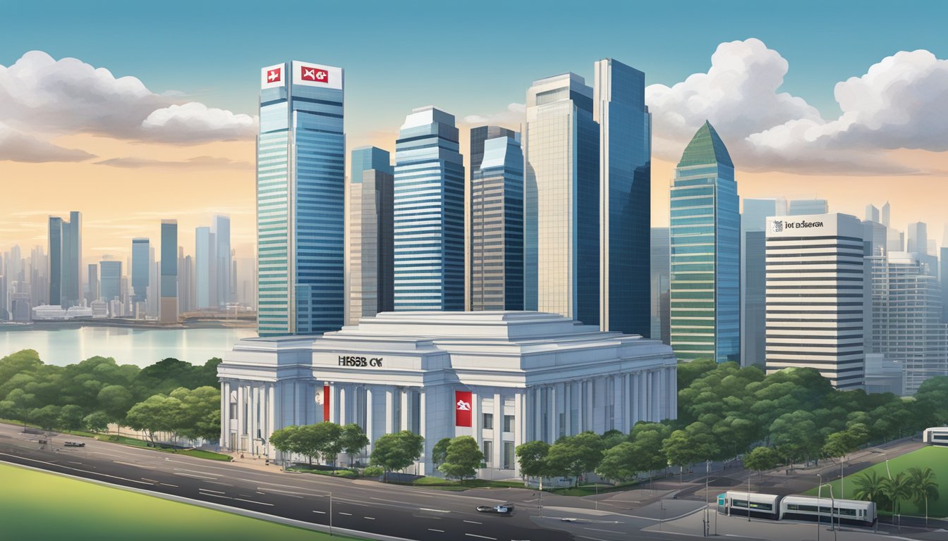 The HSBC Bank Singapore building stands tall against the city skyline, with its iconic logo displayed prominently on the exterior