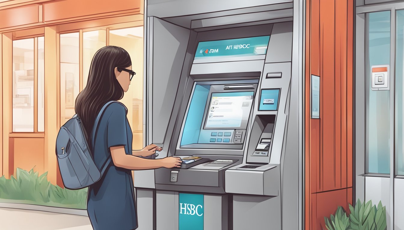 A customer using an ATM at an HSBC bank branch in Singapore. The customer is inserting their card and entering their PIN to access personal banking services
