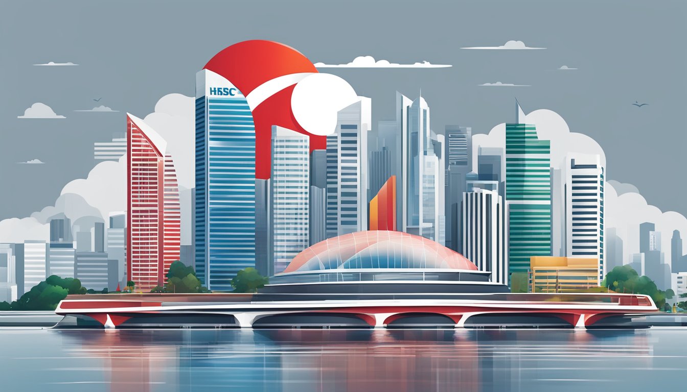HSBC's logo prominently displayed in front of a modern Singapore skyline, with the bank's iconic red and white colors standing out against the cityscape