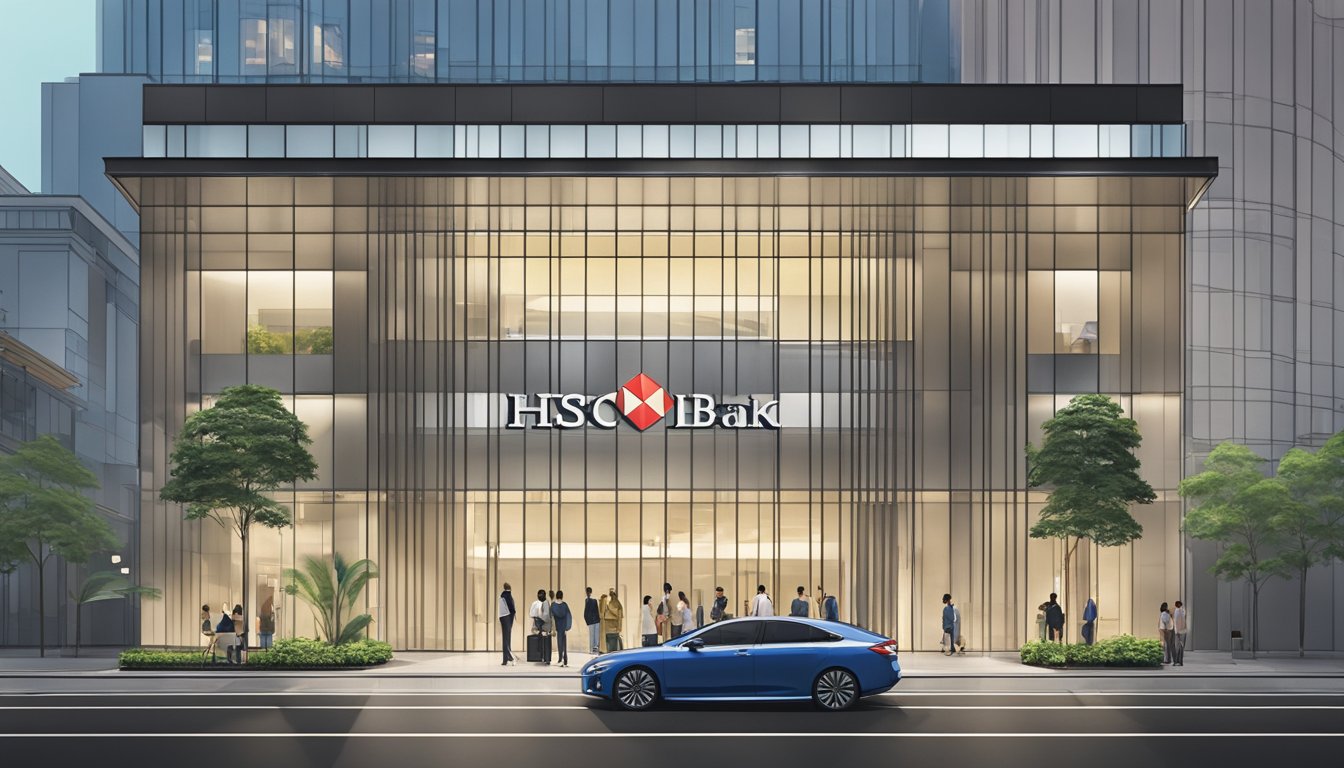The HSBC bank logo shines on a sleek, modern building in the heart of Singapore. A line of customers waits patiently outside the entrance