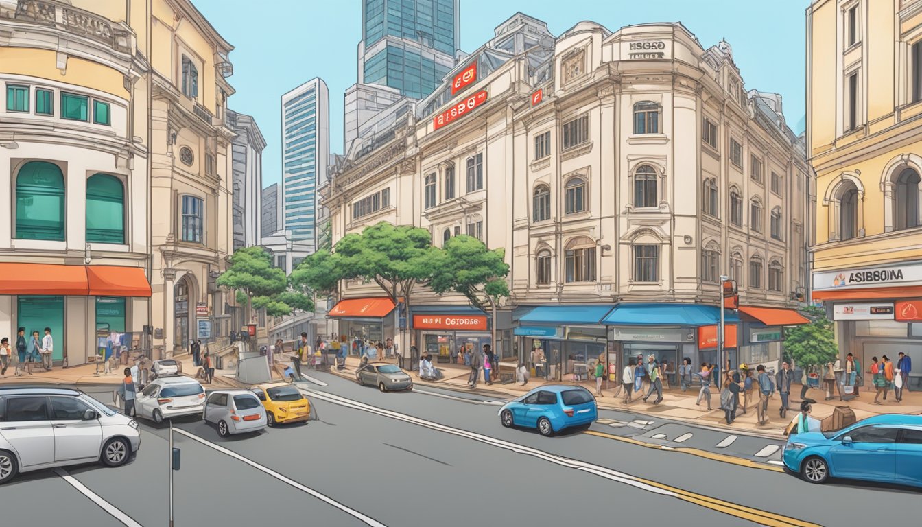 A bustling Singapore street with a prominent HSBC bank branch, showcasing various loan options and services