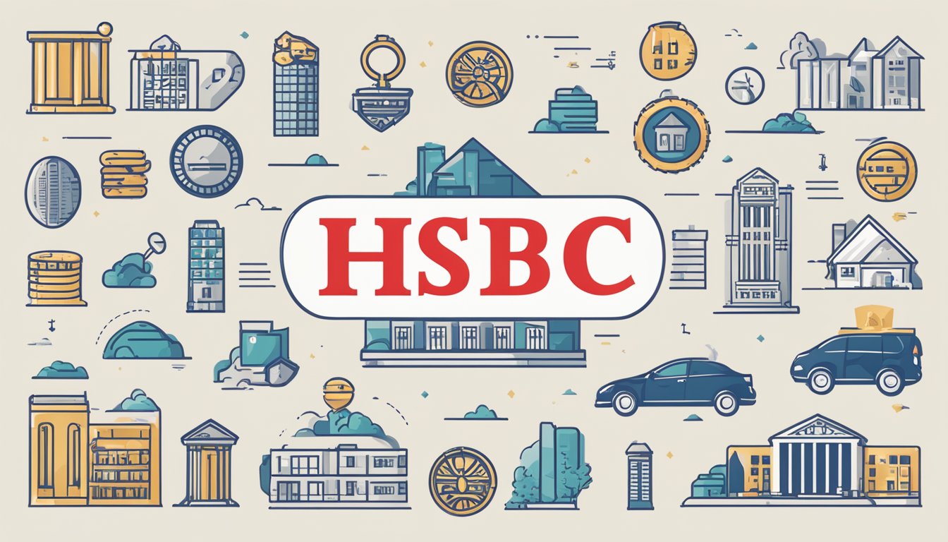 A bank logo with the words "HSBC" prominently displayed, surrounded by icons representing various types of loans such as home, personal, and business loans