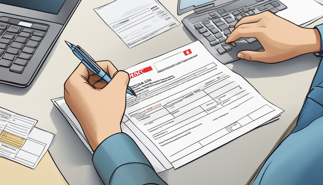 A person filling out a loan application form at an HSBC bank branch in Singapore. The form is on a desk with a pen and the bank logo visible