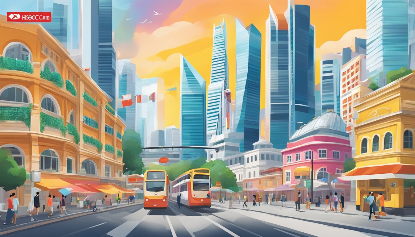 A vibrant cityscape with iconic Singapore landmarks in the background, showcasing HSBC card offers in bold, eye-catching signage