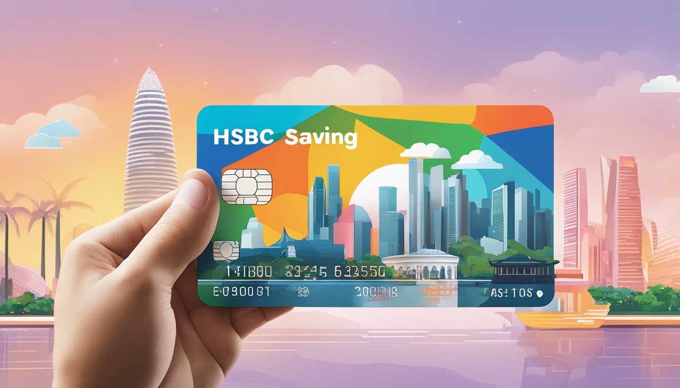 A hand holding an HSBC savings card with a backdrop of iconic Singapore landmarks and a chart showing increasing savings