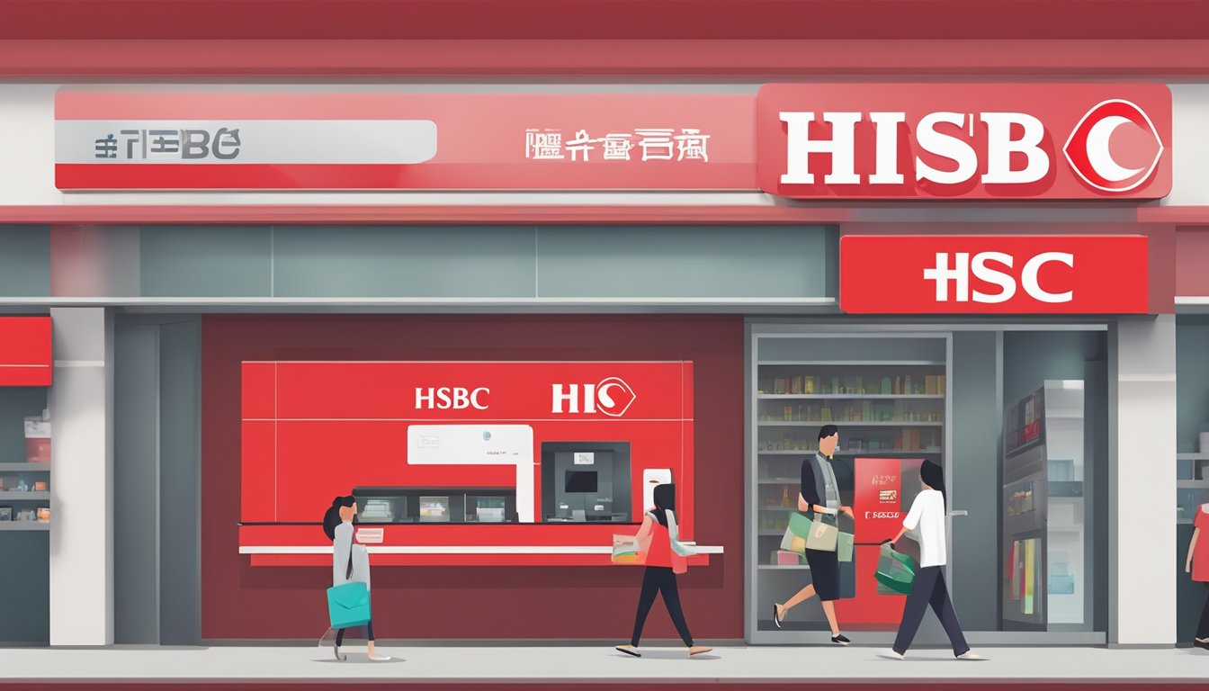 A red HSBC credit card is swiped at a Singaporean store, with a prominent discount displayed on the screen