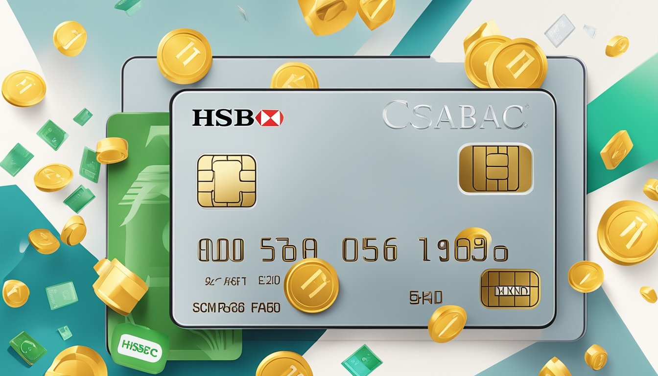 A luxurious HSBC credit card surrounded by cashback symbols and rewards, with a prominent "discount" label in Singapore