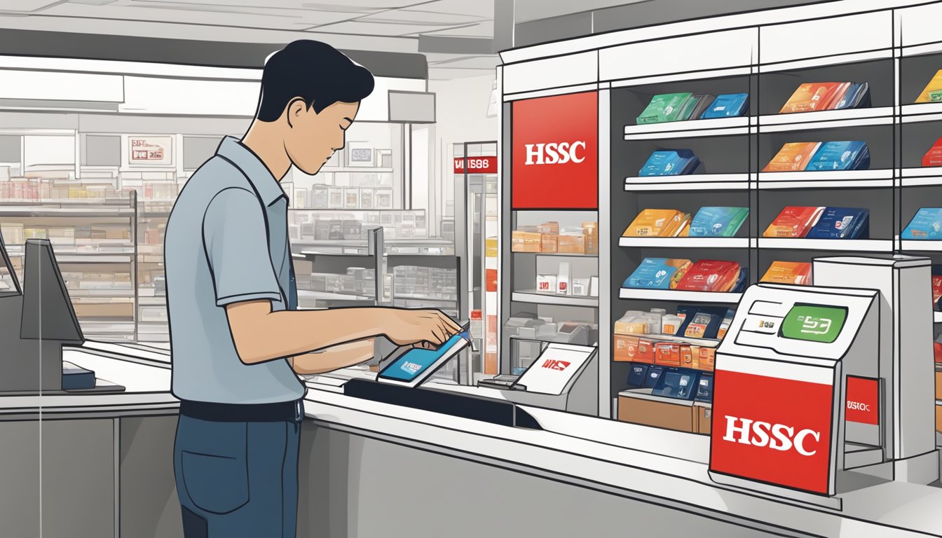 A person swiping an HSBC credit card at a Singaporean store, with a visible discount being applied at the checkout