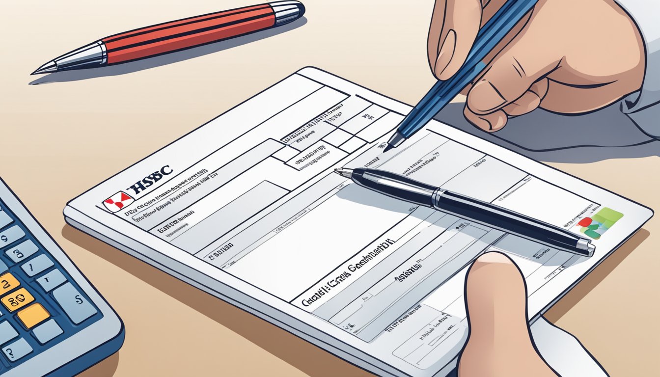 A person fills out an HSBC credit card application form with a pen. The form includes personal information and details about the card's benefits