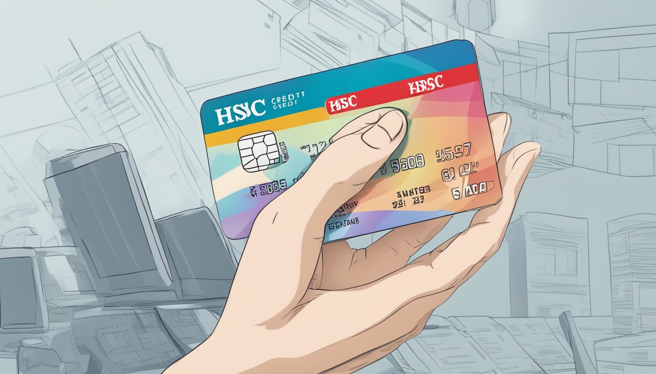 A hand holding an HSBC credit card, with a list of terms and services in the background. The card features a "discount" label for use in Singapore