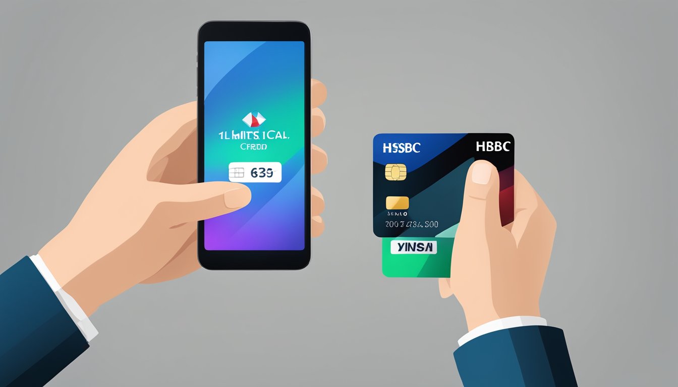 A hand holding an HSBC credit card with a "limit increase" notification on a smartphone screen