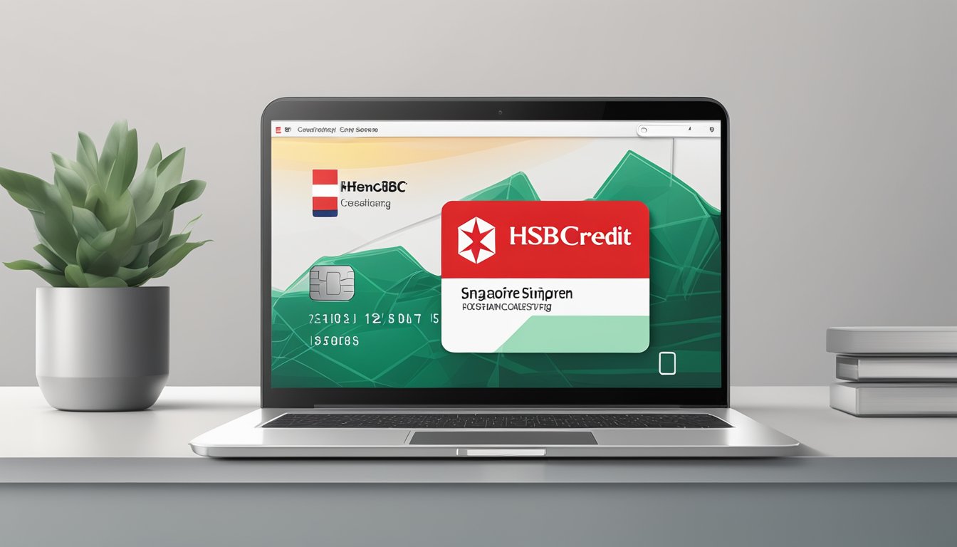 A laptop displaying the HSBC credit card login page with the Singapore flag in the background