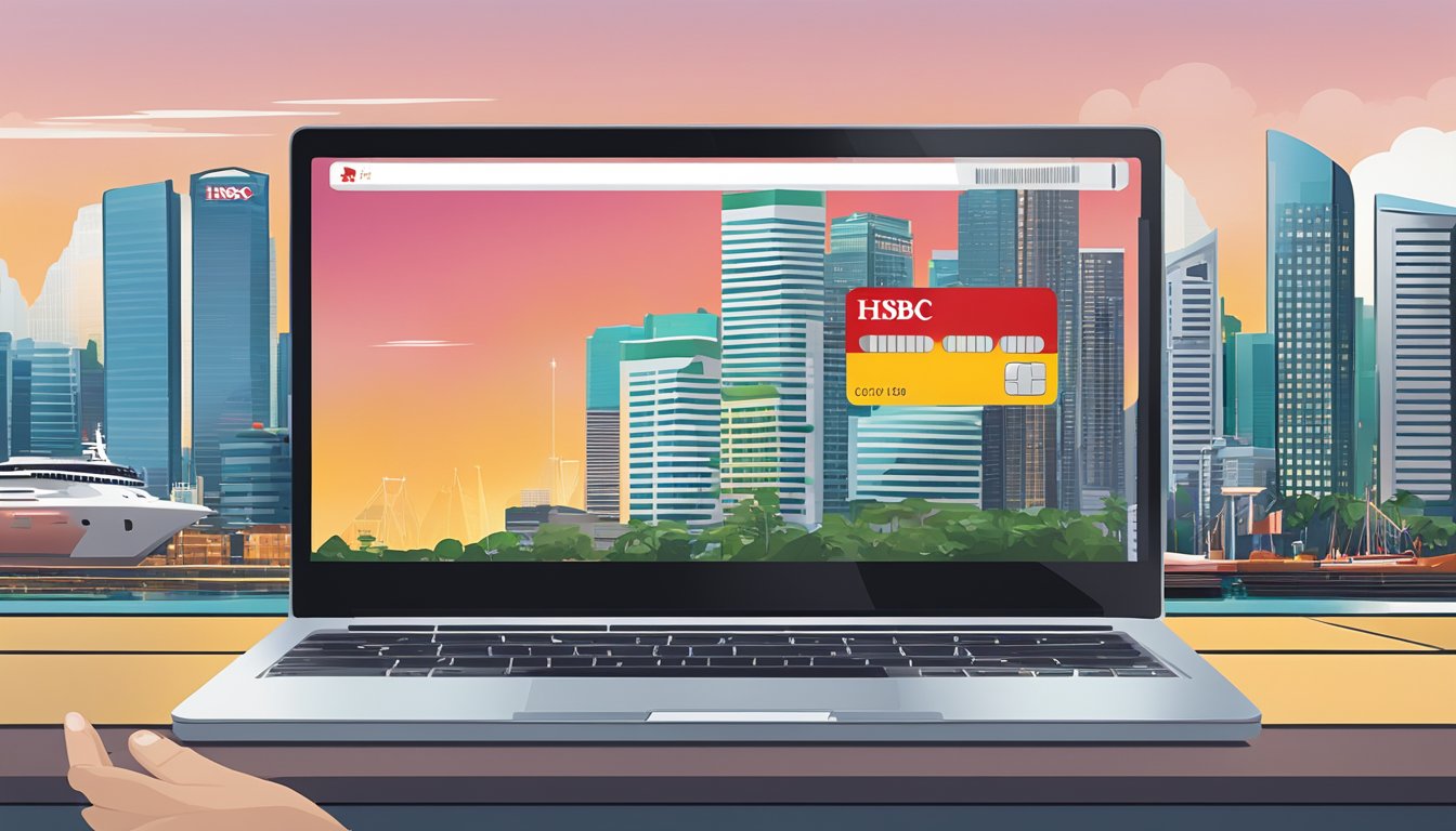 A hand holding an HSBC credit card, with a laptop open to the HSBC credit card login page, against a backdrop of the Singapore city skyline
