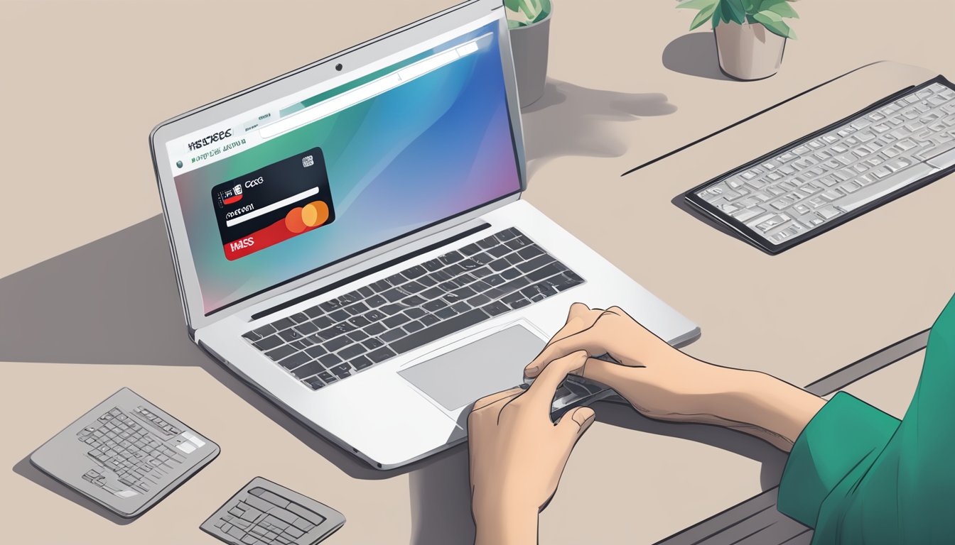 A hand holding a HSBC credit card, typing on a laptop with the HSBC Singapore website open, logging into the account
