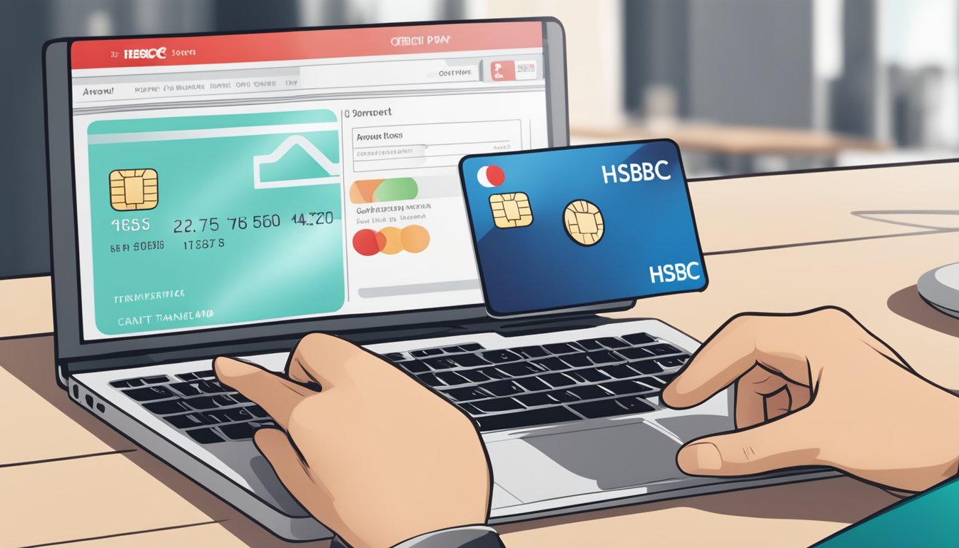 A hand holding a HSBC credit card, typing on a keyboard to log in to the online banking portal. Icons of payment and transfer options are displayed on the screen