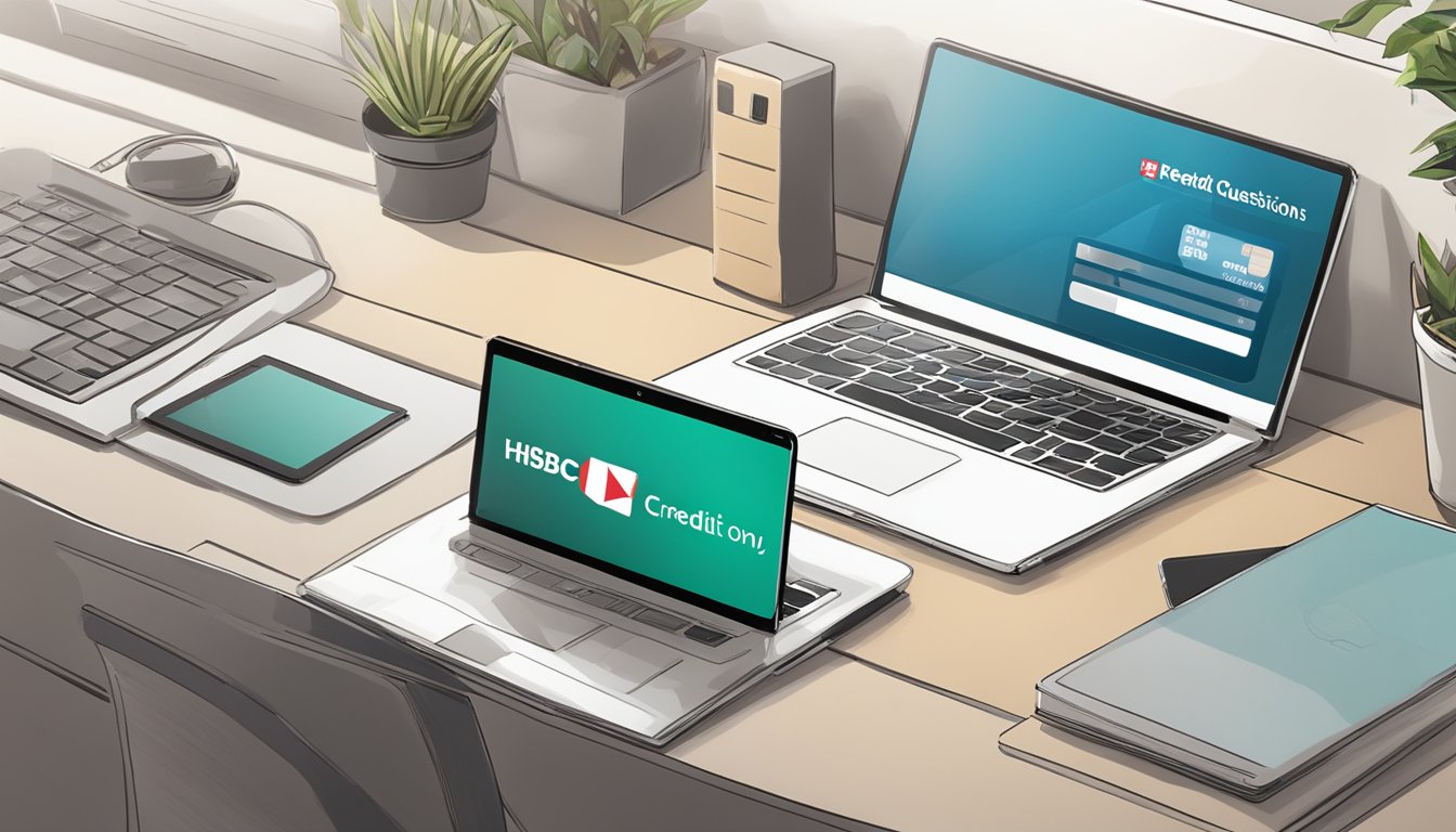 A laptop on a desk with a HSBC credit card and a login screen displayed, with the words "Frequently Asked Questions" visible