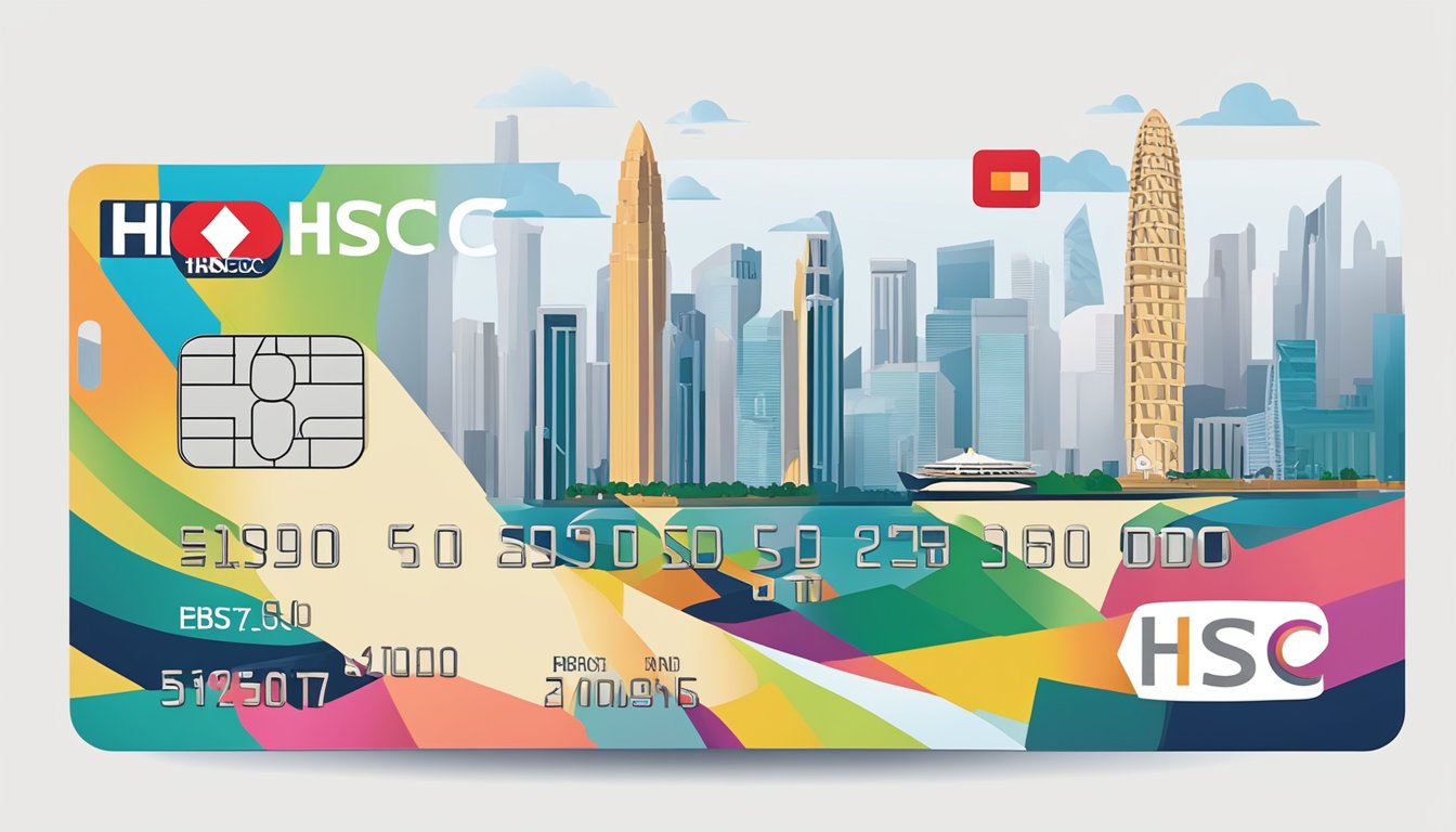 A hand holding an HSBC credit card with iconic Singapore landmarks in the background