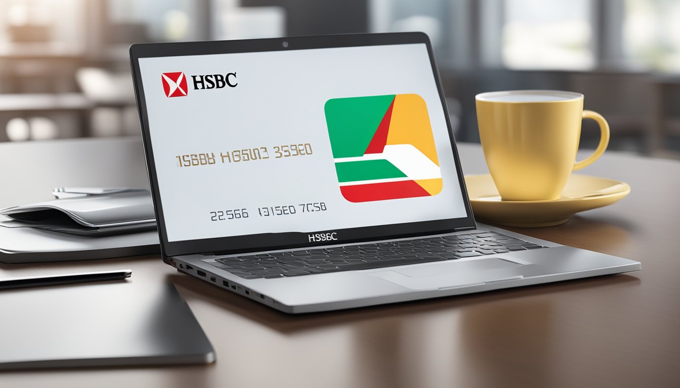 An HSBC credit card sits on a clean, modern desk with a sleek laptop and a cup of coffee nearby. The card is prominently displayed, with the HSBC logo visible and the card details easily legible
