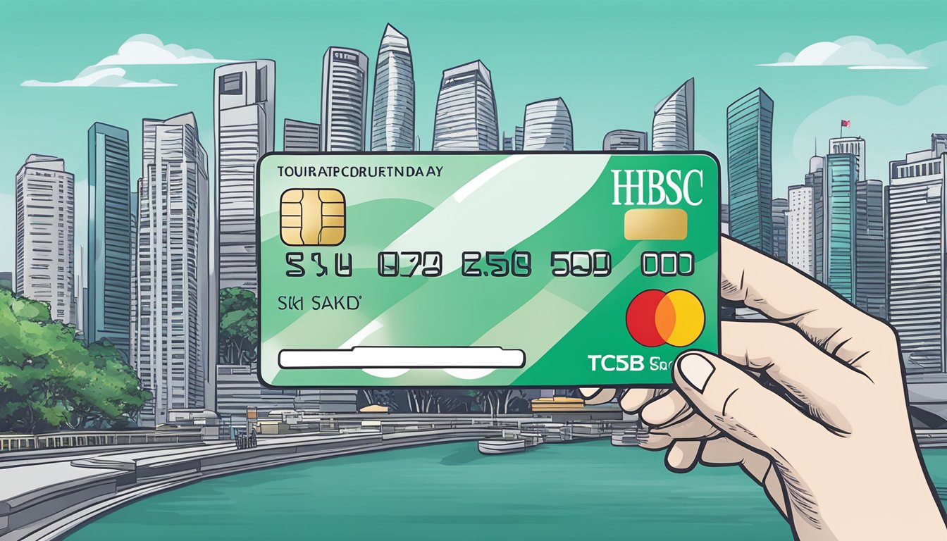 A hand holding an HSBC credit card with rewards displayed on a Singapore cityscape background