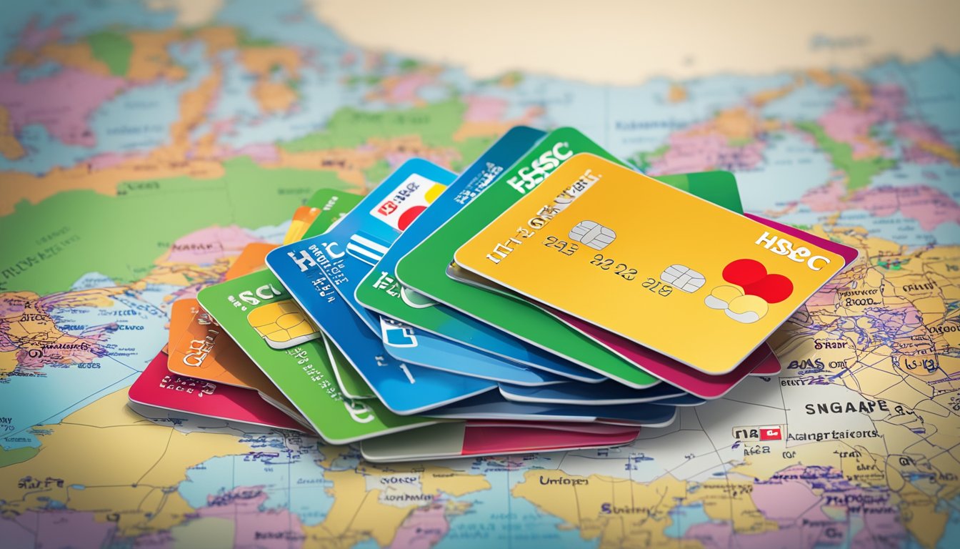 A stack of colorful credit cards with "HSBC" logo, surrounded by question marks and a map of Singapore in the background