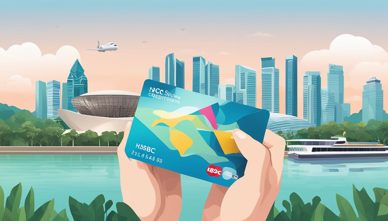 A hand holding an HSBC credit card, with a backdrop of iconic Singapore landmarks like the Marina Bay Sands and the Gardens by the Bay
