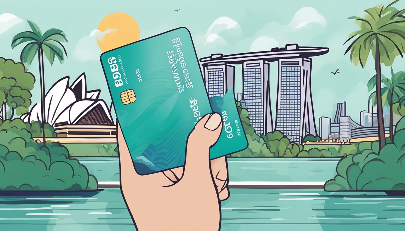 A hand holding a HSBC credit card with a backdrop of iconic Singapore landmarks, such as the Marina Bay Sands and the Gardens by the Bay, while the cardholder selects and redeems their points for rewards