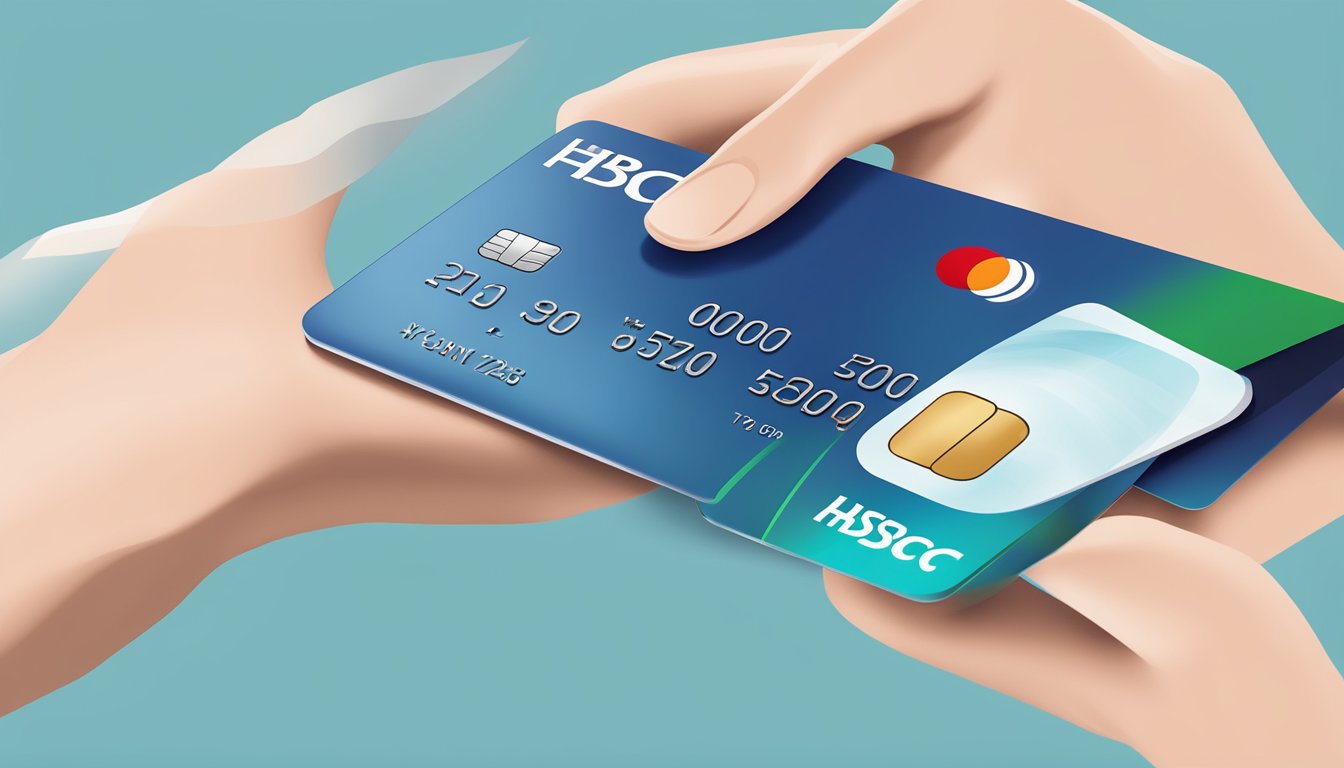 A hand holding an HSBC credit card with various reward options displayed on a digital screen, including travel, shopping, and dining choices