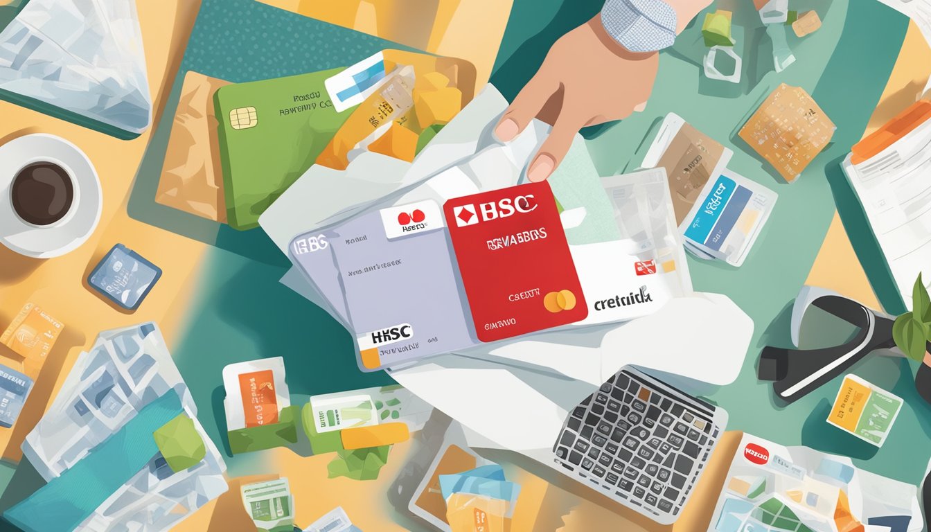A hand holding an HSBC credit card, surrounded by various reward items like travel vouchers, shopping discounts, and dining offers from the rewards catalogue