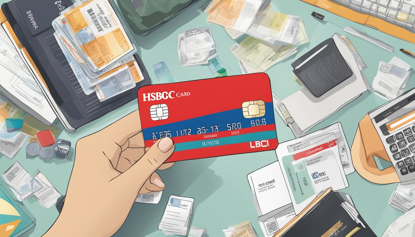 A hand holding an HSBC credit card with a rewards catalogue in the background. Various items such as travel vouchers, electronics, and gift cards are displayed