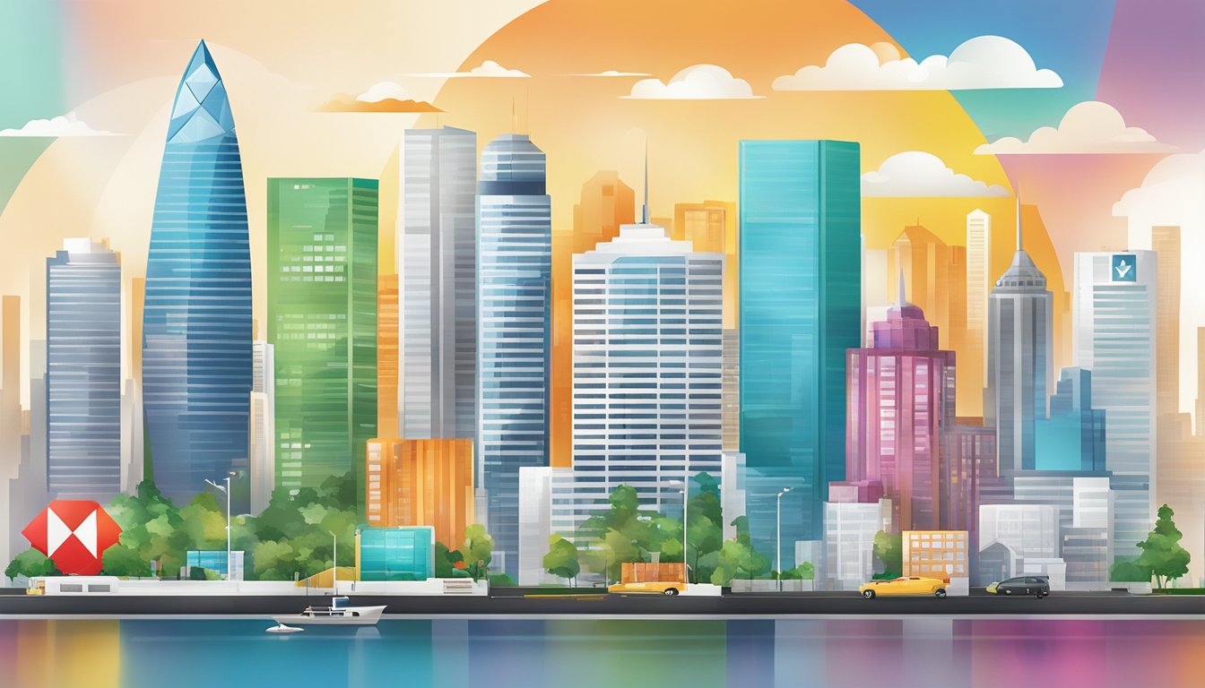A colorful catalogue with various rewards items, HSBC logo prominent. Background of modern city skyline