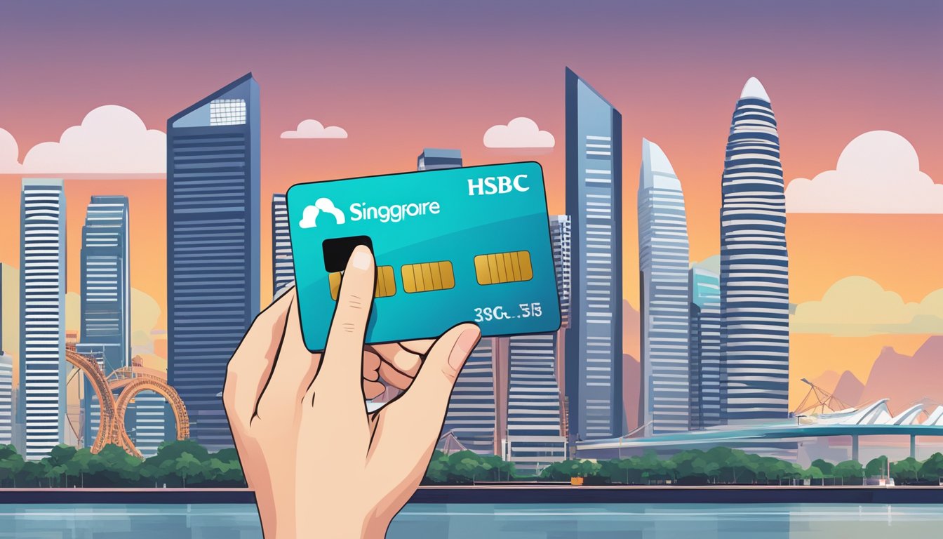 A hand holding an HSBC credit card in front of the iconic Singapore skyline