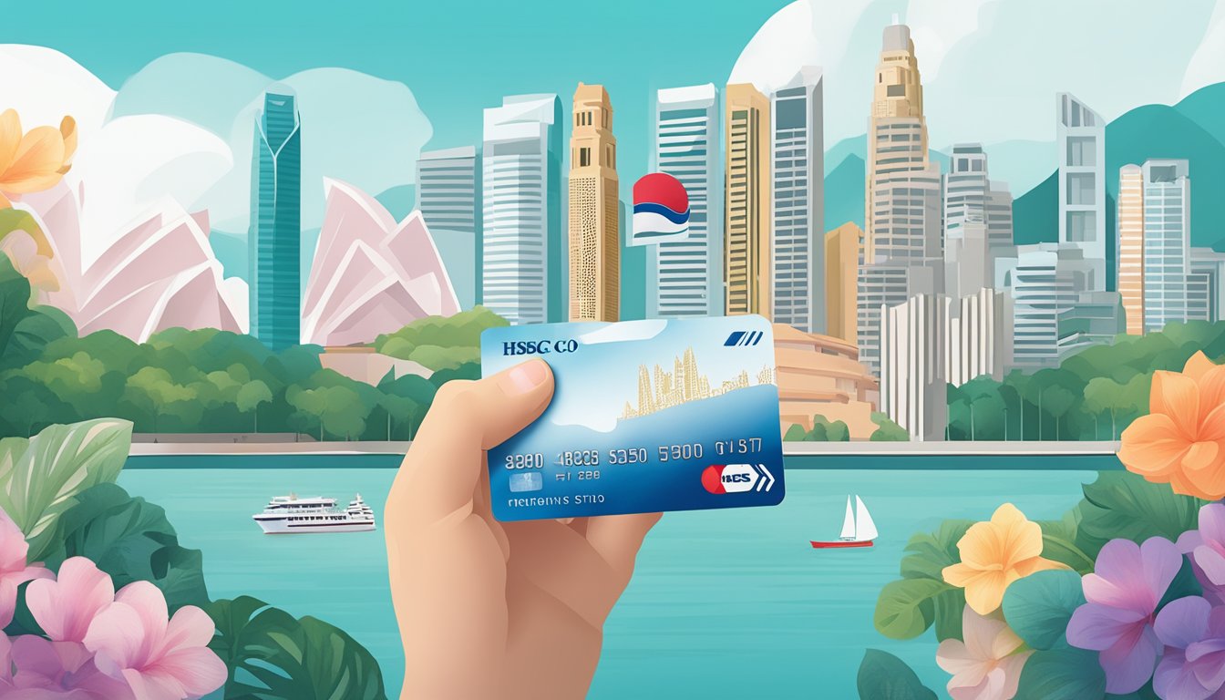 A hand holding an HSBC credit card with iconic Singapore landmarks in the background, showcasing the benefits of using the card in the city