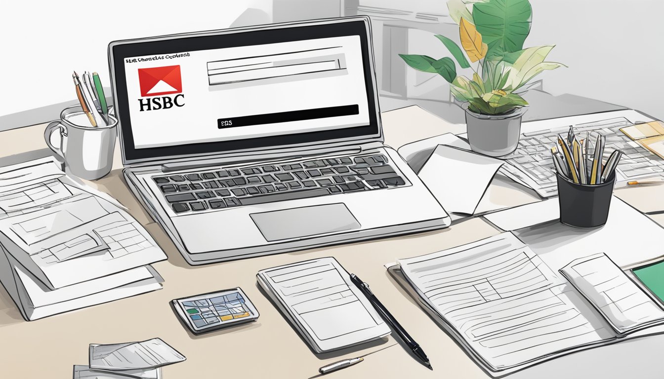 A person fills out a credit card application form from HSBC at a desk with a laptop and pen. The HSBC logo is visible on the form