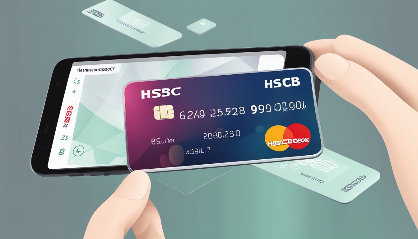 A hand holding an HSBC credit card while using a smartphone to manage finances on the HSBC mobile app