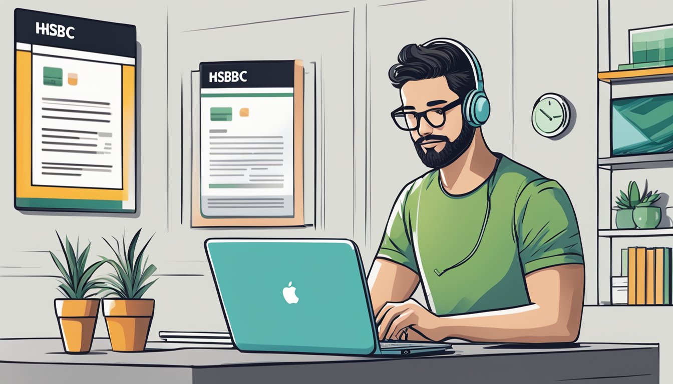 A person holding an HSBC credit card and browsing through a list of frequently asked questions on a smartphone or computer screen