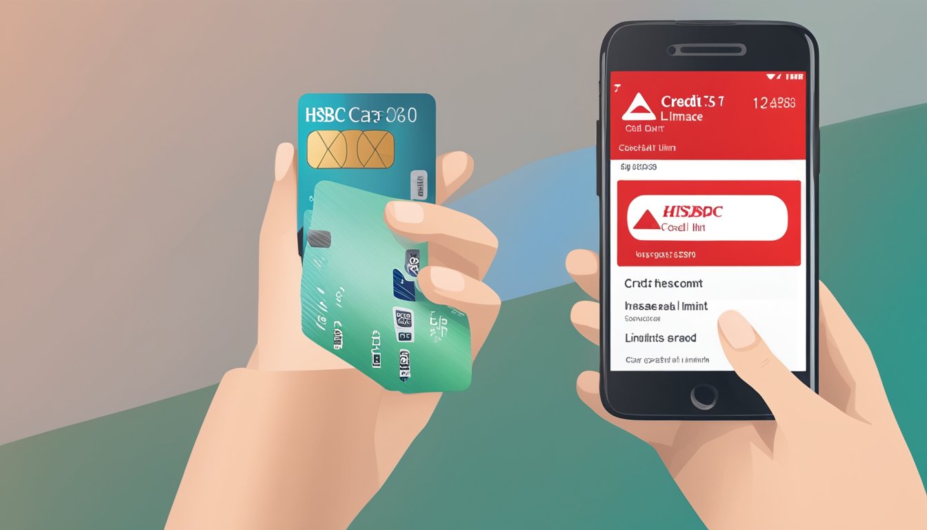 A hand holding an HSBC credit card with a "Credit Limit Increase" notification on a smartphone screen