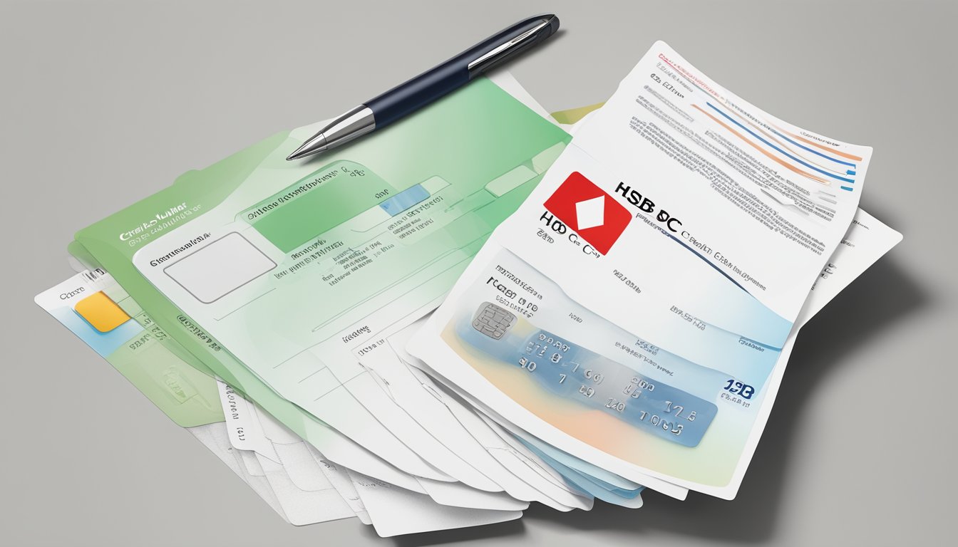 A customer's HSBC credit card next to a document listing eligibility and requirements for a credit limit increase, with the HSBC logo visible