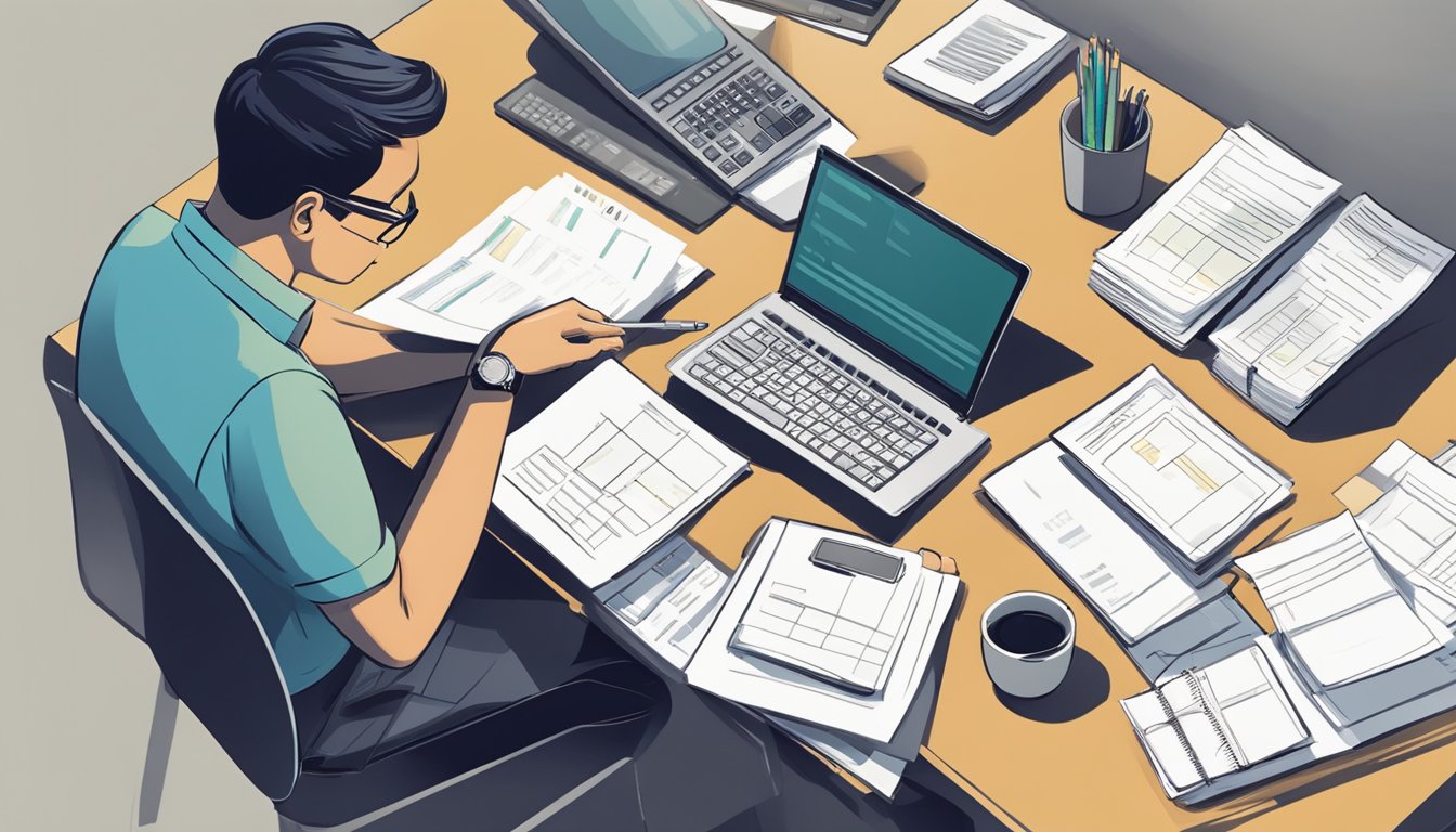A person sits at a desk, reviewing documents for HSBC Debt Consolidation Plan in Singapore. A laptop and calculator are on the table
