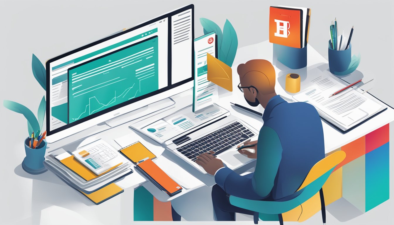 A person filling out a form with a pen, surrounded by documents and a laptop, with the HSBC logo visible