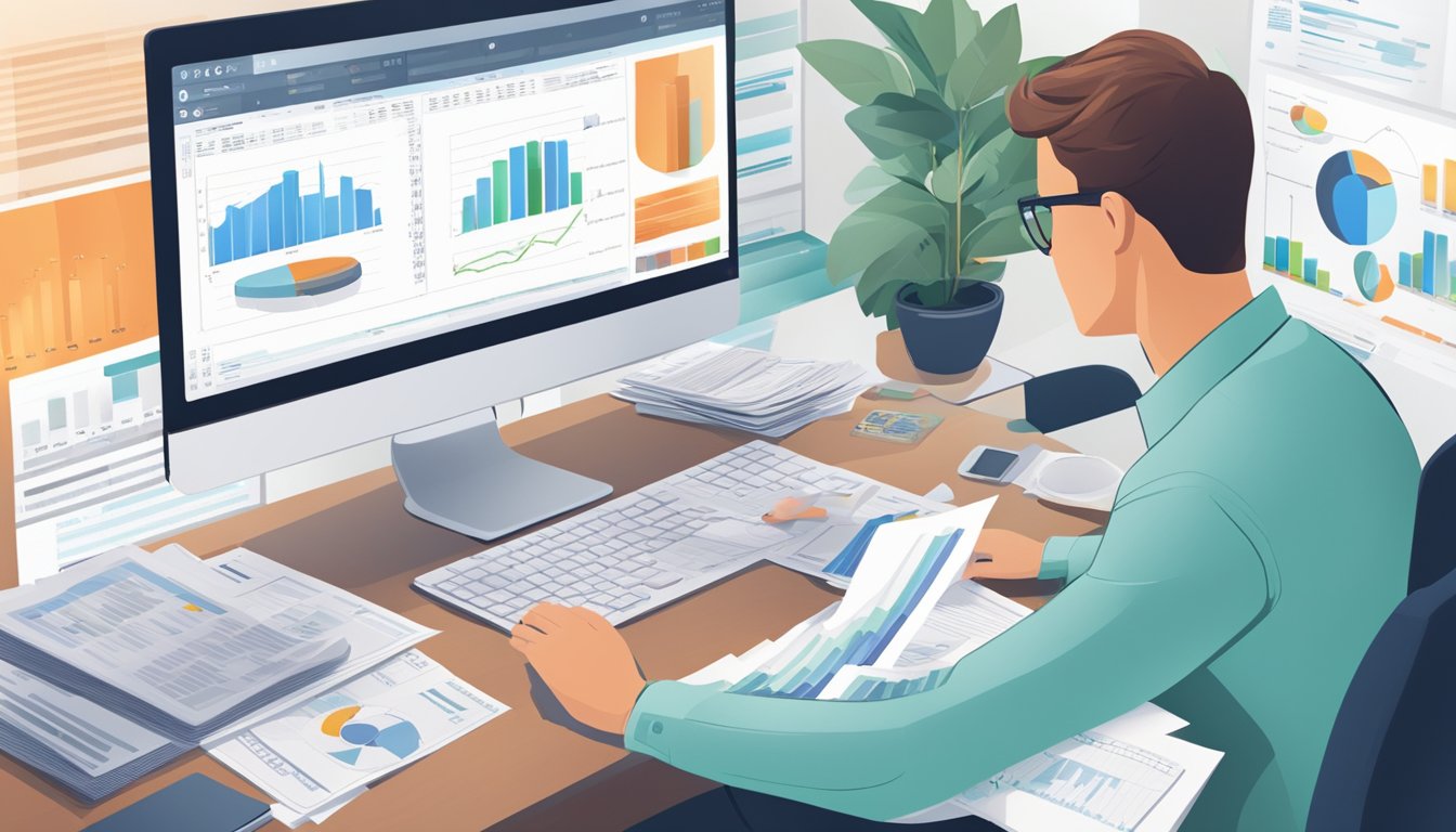 A person sitting at a desk, surrounded by financial documents and a computer. A chart showing revenue and expenses is displayed on the screen