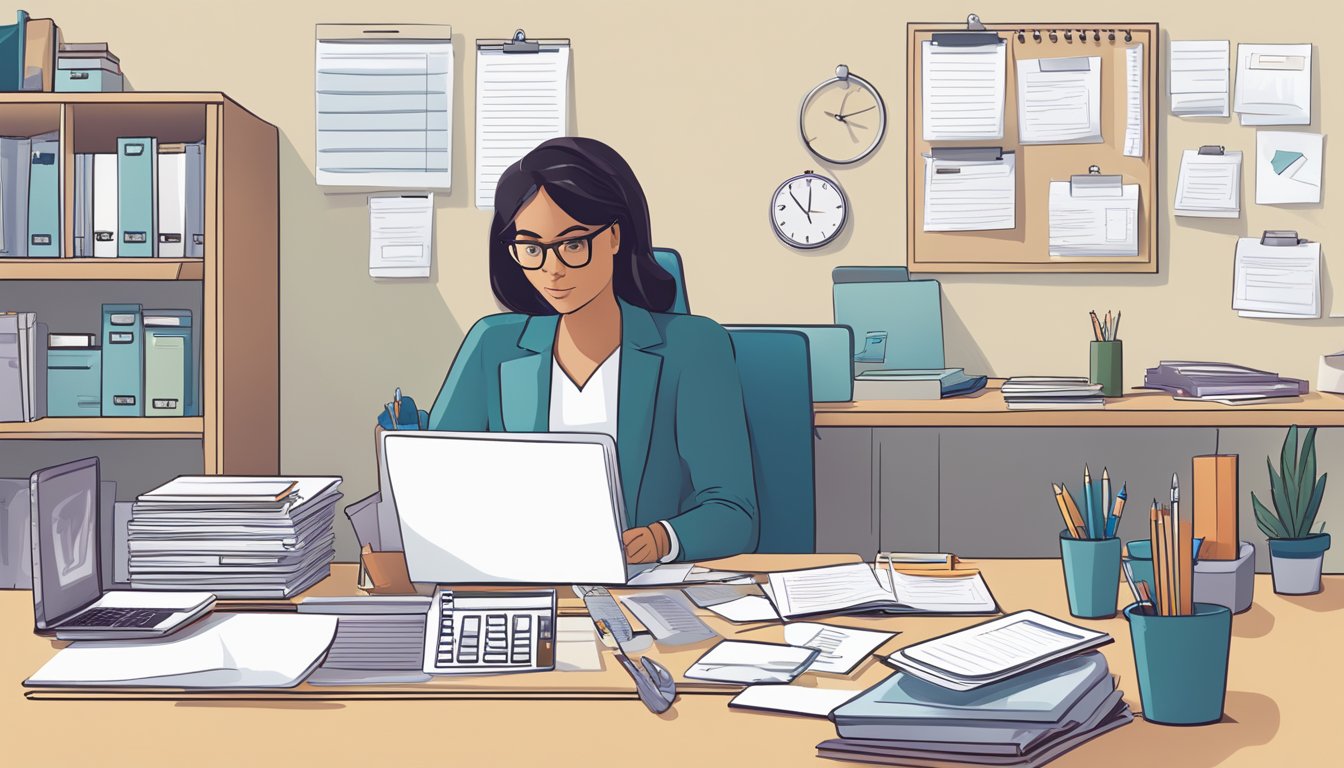 A person organizing files and documents at a desk, with a computer and notebook open. A calendar and to-do list are visible, along with a DCP guide