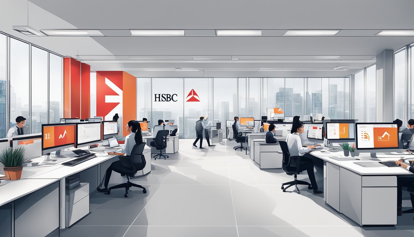A modern office with the HSBC logo prominently displayed, financial charts on the walls, and employees working at their desks