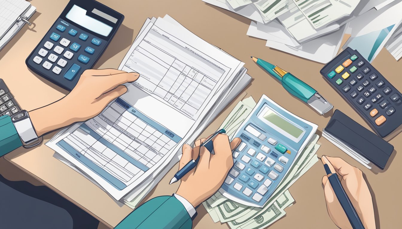 A stack of bills and credit card statements, a calculator, and a pen on a desk. A person's hand reaching for the calculator